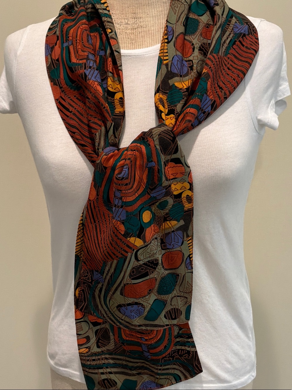 Vintage Women’s Multicolor Patterned Scarf - Chic Autumn Print geometric print